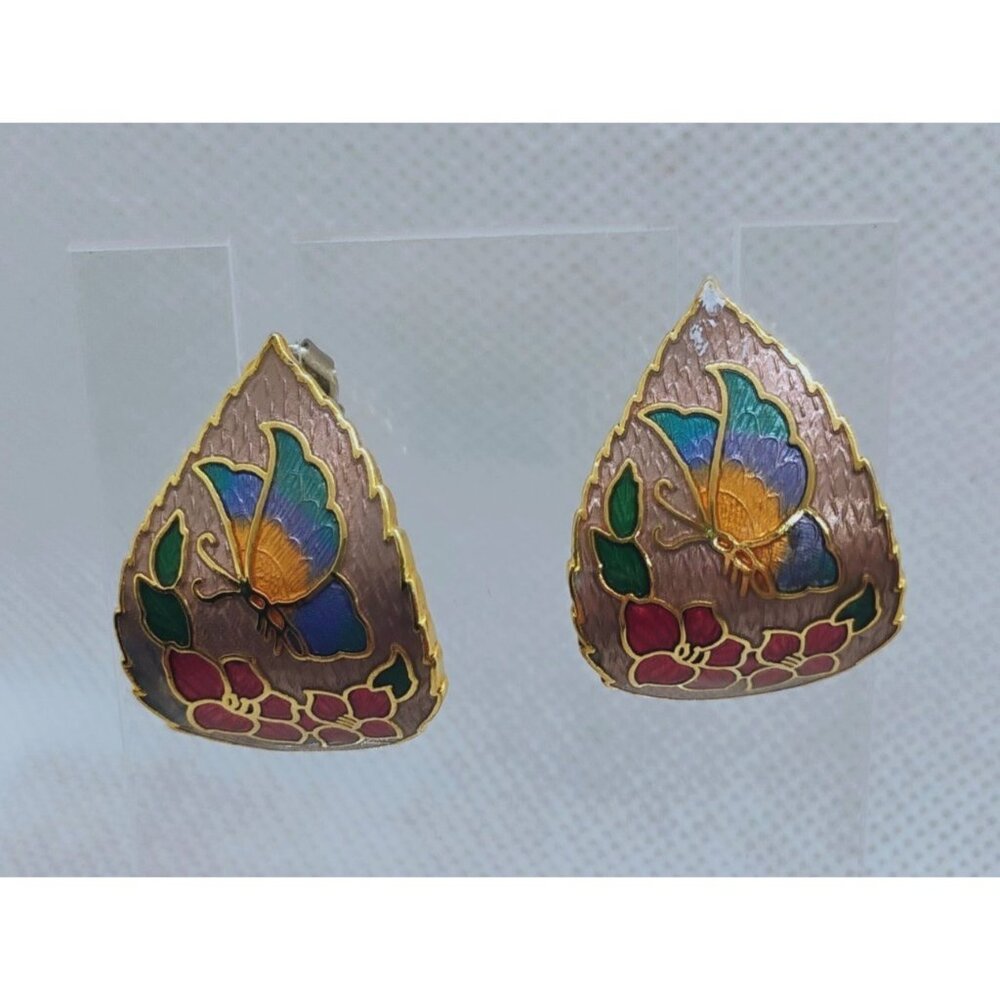Vintage Cloisonne Enamel Butterfly Flower Earrings Pierced Teardrop Huggie Style - Picture 1 of 4